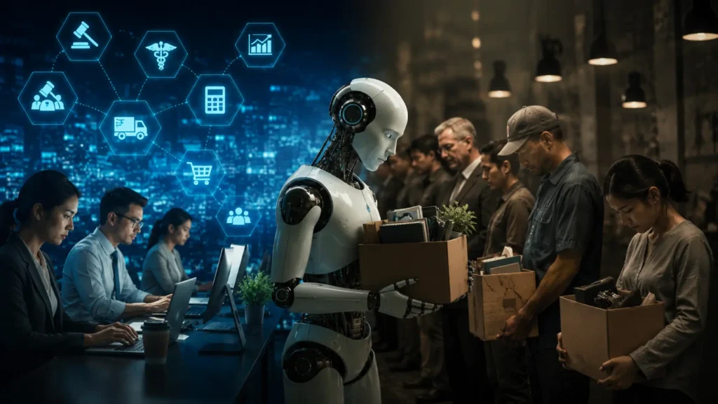 Graph and futuristic brain icon showing will AI replace jobs in 2026 concept