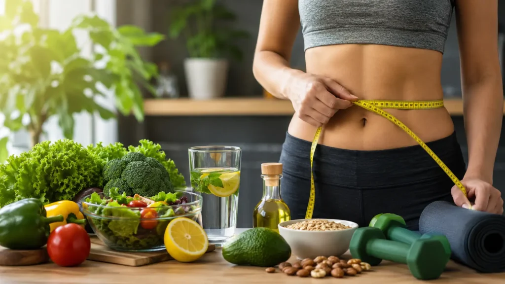 Woman measuring waist with a tape measure to track how to lose belly fat naturally with healthy habits