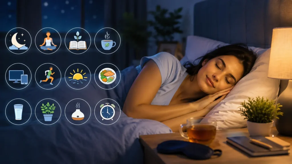 A woman sleeping peacefully in a dark room representing how to improve your sleep naturally