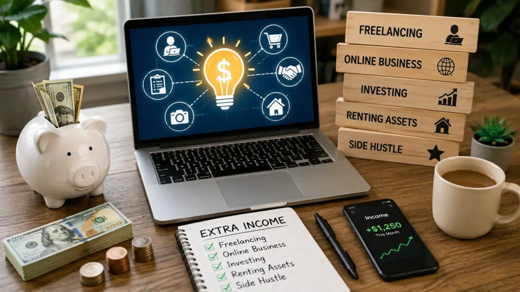 A person working on a laptop surrounded by charts representing the best ways to make extra money