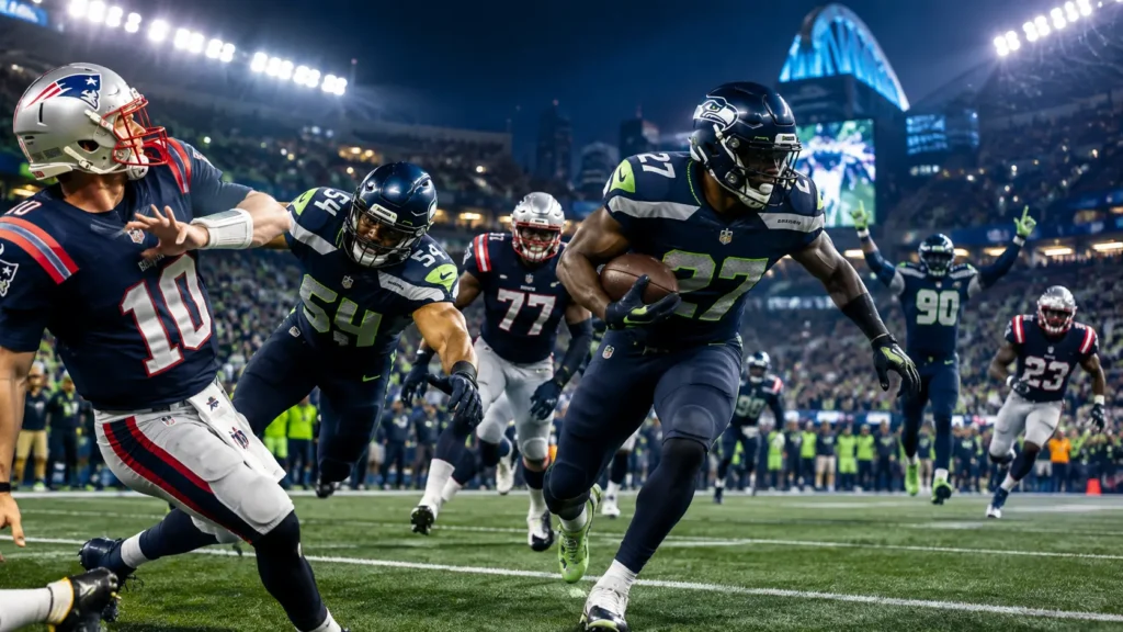 Seahawks vs Patriots final score game action during the NFL Kickoff Game at Lumen Field