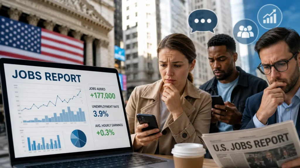 Business professionals reviewing the latest US jobs report and economic trends on a digital display.