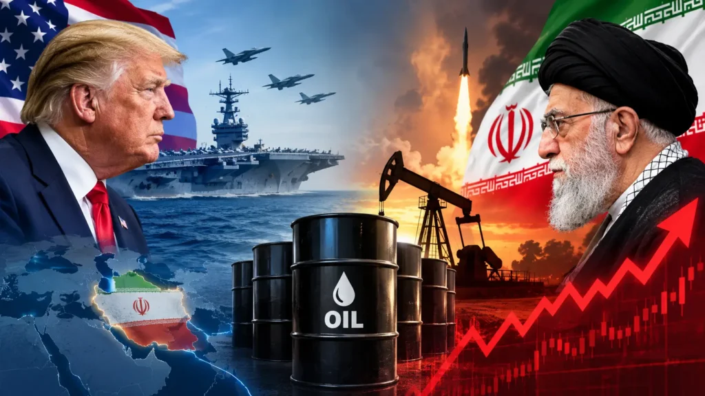 US-Iran Conflict Explained Oil Prices chart showing rising crude oil costs due to naval tensions