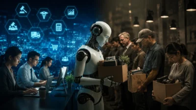 Graph and futuristic brain icon showing will AI replace jobs in 2026 concept