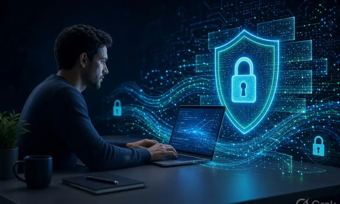 A person using a secure laptop to protect your personal data online with digital cybersecurity shield.