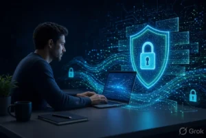 A person using a secure laptop to protect your personal data online with digital cybersecurity shield.