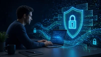 A person using a secure laptop to protect your personal data online with digital cybersecurity shield.