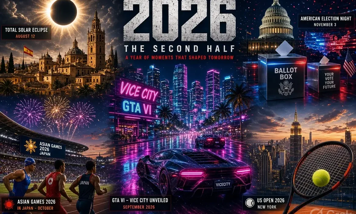 Featured image for the biggest events to watch in the second half of 2026 showing news on tech, elections, and space