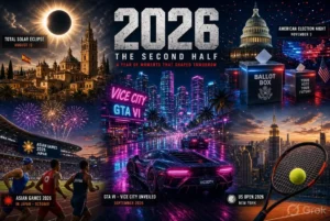 Featured image for the biggest events to watch in the second half of 2026 showing news on tech, elections, and space