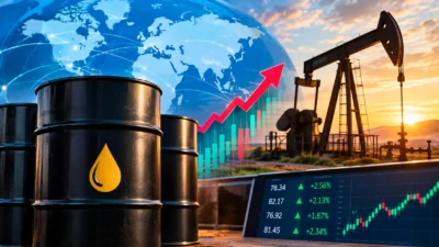 Chart showing Global Oil Prices Today rising in 2026, with an up arrow and globes.