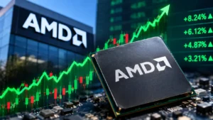 AMD stock chart rising graph with AI chips background representing why is AMD stock rising