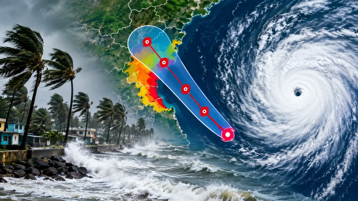 Cyclone Latest Update storm track map showing coastal flooding risks along US East Coast