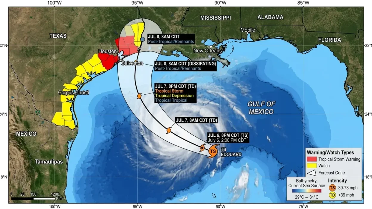 Tropical Storm Edouard latest track map showing landfall and forecast path